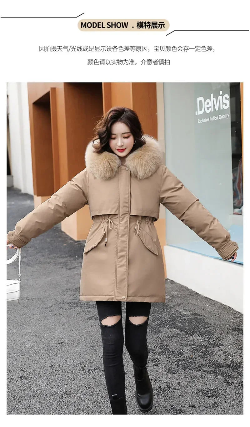 Winter Coat Low Price On Sale Women Beige Add Wool Thick Warmth Fur Hooded Parkas Jacket 2023 New Fashion Belt Slim Cotton Coat Kafinashop