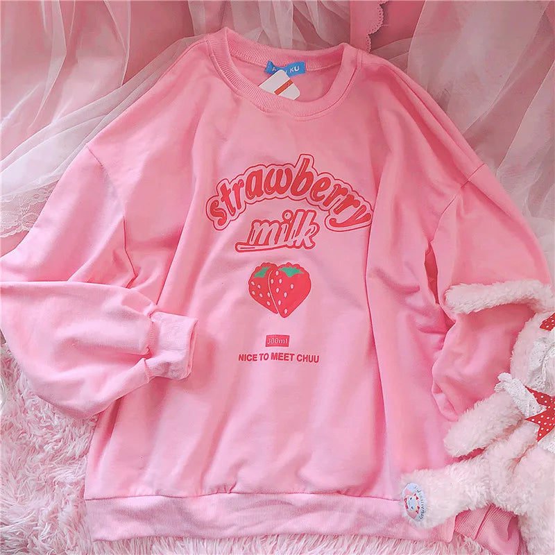 S-3XL Harajuku Kawaii Sweatshirt Strawberry Pink Sweatshirts Spring Kpop Korean Style Fleece Women Cute Top Outwear for Girls Kafinashop