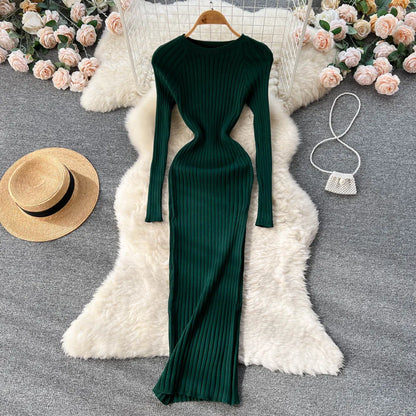 SINGREINY Winter Women Knit Maxi Dress O Neck Autumn Long Sleeve Slim Solid Harajuku Ladies Fashion Pencil Sweater Long Dresses Kafinashop