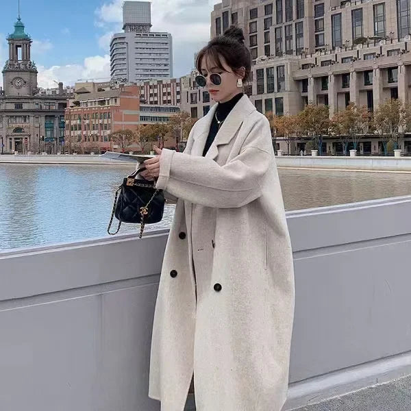 2023 Winter New Women's Loose-fit Woolen Jacket Medium-length Thickened Suit Collar Overcoat Korean Style Casual Clothing Kafinashop