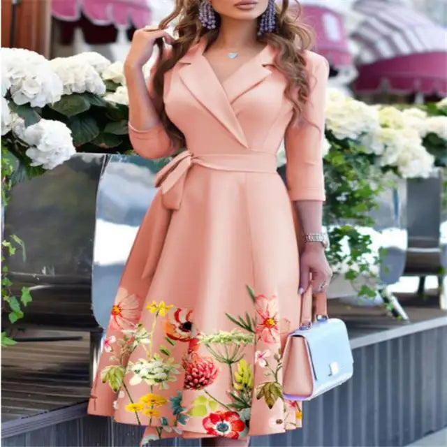 New Womens Dress Clothing Printing Suit Collar Tie Dress Kafinashop