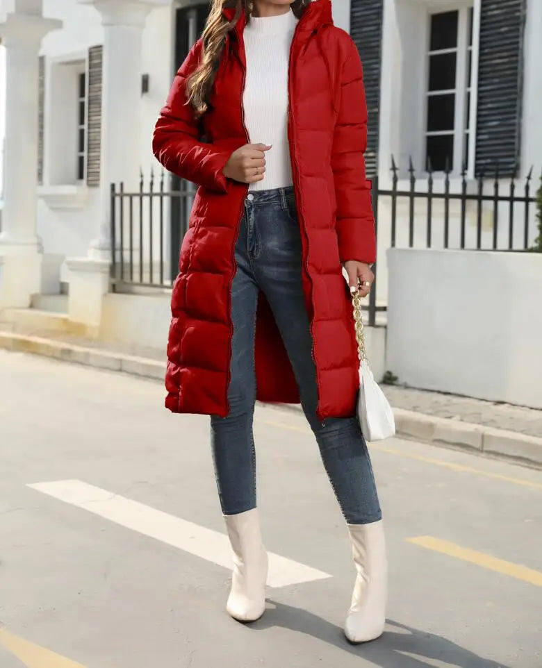 Winter New Hooded Mid Length Slim Fit Warm Long Sleeve Solid Color Down Jacket For Women,3 Colors Kafinashop