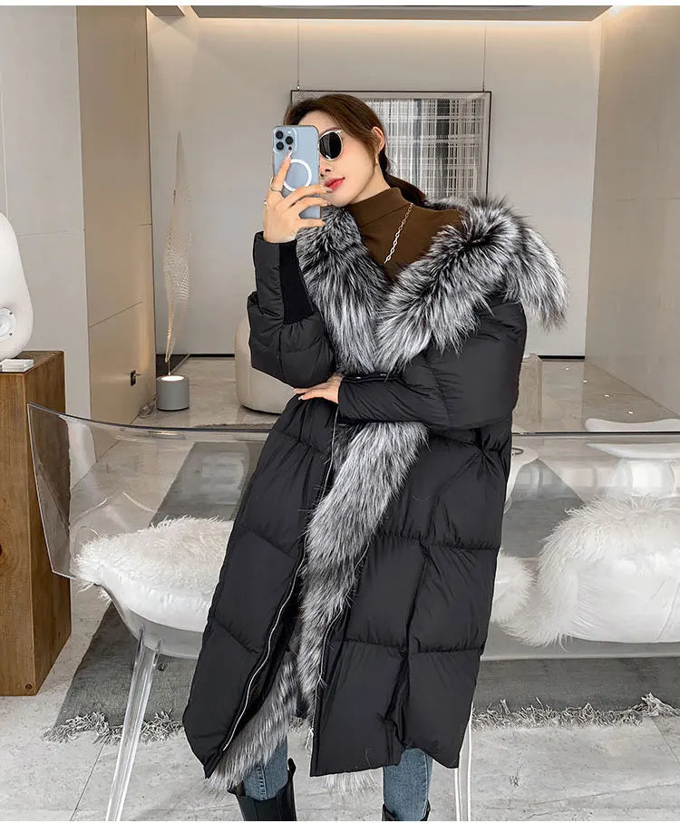 2024 New Winter Women Warm Coat 90% Goose Down Jacket Long Real Fox Fur Collar Thick Luxury Outerwear Female Coat Streetwear Kafinashop