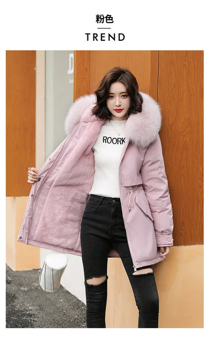 Winter Coat Low Price On Sale Women Beige Add Wool Thick Warmth Fur Hooded Parkas Jacket 2023 New Fashion Belt Slim Cotton Coat Kafinashop