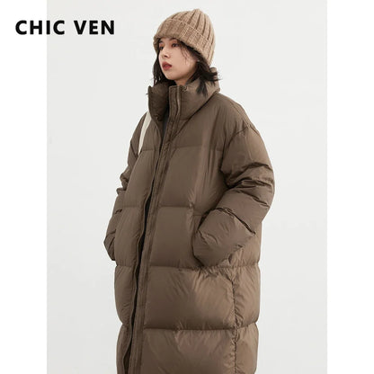 CHIC VEN Fashion Women Down Coats Long Thick Warm Down Jackets Overcoat White Duck Down Loose Casual Jacket Autumn Winter 2024 Kafinashop