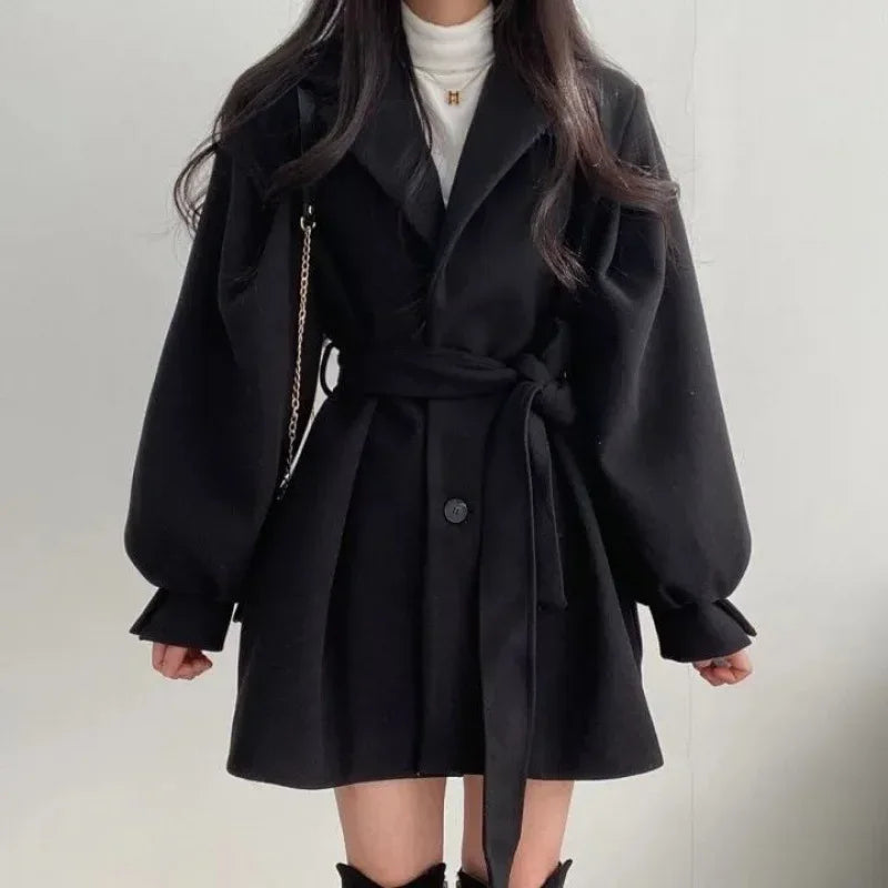 Medium-length Women's Woolen Jacket Loose-fit Autumn/winter Suit Collar Petite Size Kafinashop