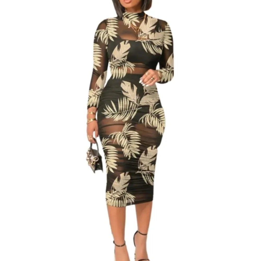 Fashion Flowers Printed Women's Sexy Mesh Gauze Mid Length Dress Three Piece Summer New Female Party Nightclub Mini Dresses 2023 Kafinashop