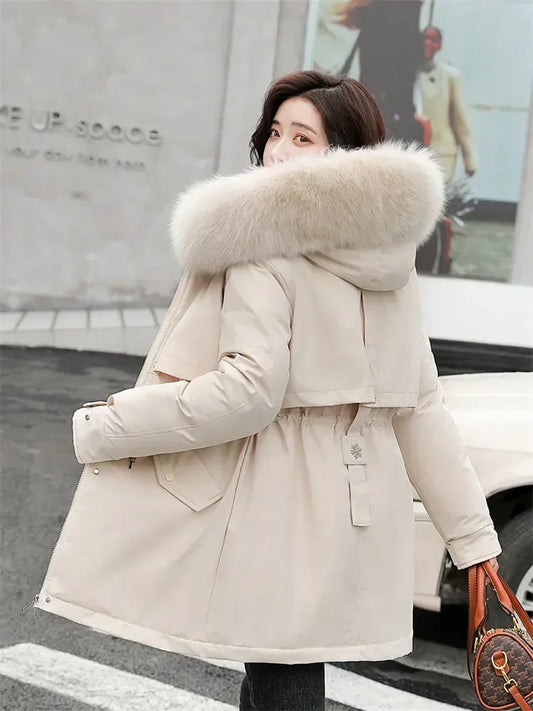 Winter Coat Low Price On Sale Women Beige Add Wool Thick Warmth Fur Hooded Parkas Jacket 2023 New Fashion Belt Slim Cotton Coat Kafinashop