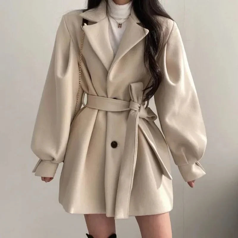 Medium-length Women's Woolen Jacket Loose-fit Autumn/winter Suit Collar Petite Size Kafinashop