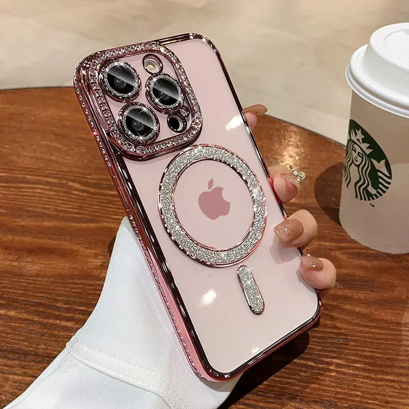 Clear Bling Crystal Phone Case For iPhone 15 14 11 12 13 Pro Max Plus For Magsafe Magnetic Wireless Charging Lens Film Cover Kafinashop