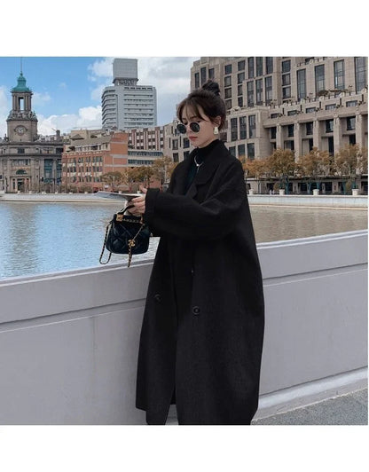 2023 Winter New Women's Loose-fit Woolen Jacket Medium-length Thickened Suit Collar Overcoat Korean Style Casual Clothing Kafinashop