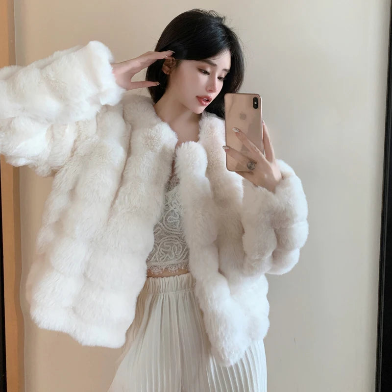 2023 Winter Fashion Faux Fur Coat Women Korea Fashion Warm Feather Coats Cardigan Short Outercoat Lady Party Elegant Outfits New Kafinashop