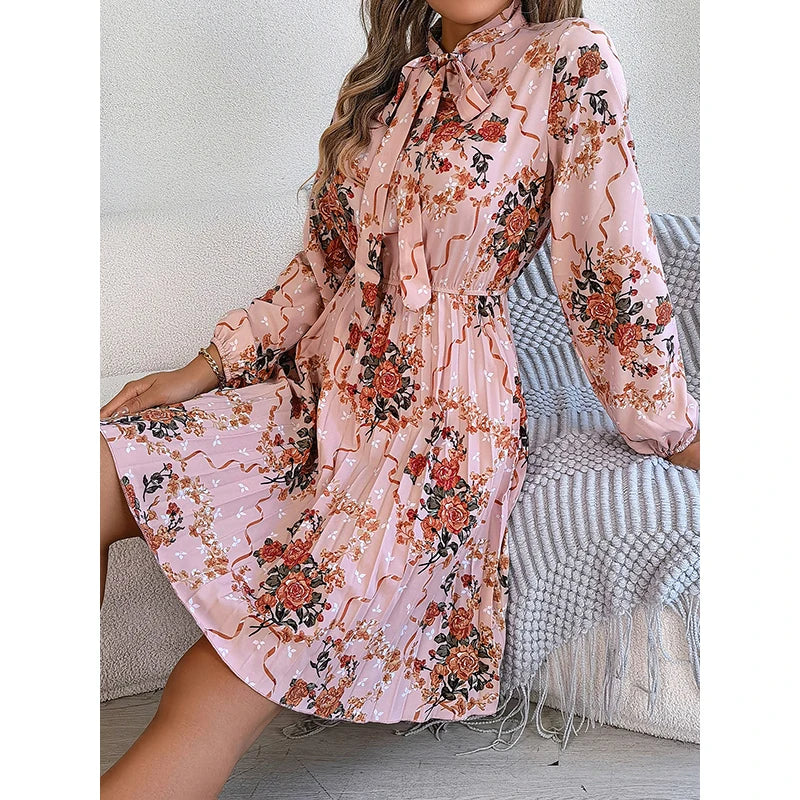 Krisnanas Autumn Women Dresses 2024 New Long Sleeves Loose Elasticity Flower Print Pleated Tied Round-Neck Mini Dresses Kafinashop