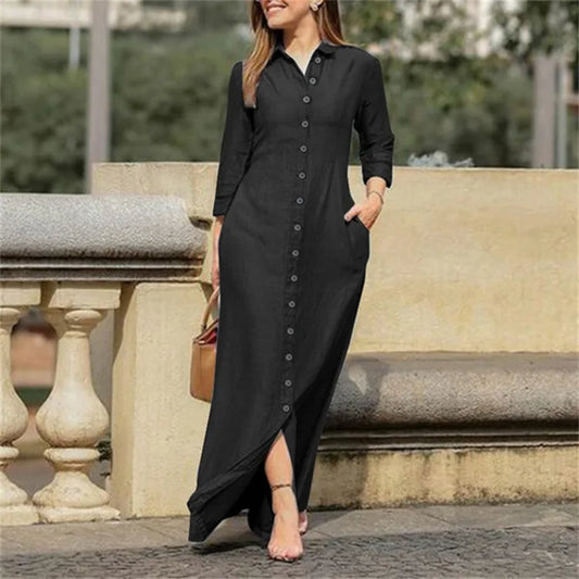 2023 Autumn Elegant Women's Denim Dress Long Sleeve Buttons Shirt Long Dress Female Fashion New Elegant Casual Ladies Clothes Kafinashop