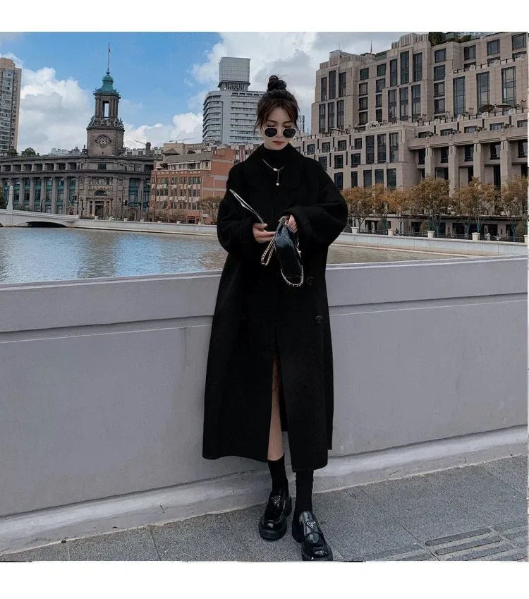 2023 Winter New Women's Loose-fit Woolen Jacket Medium-length Thickened Suit Collar Overcoat Korean Style Casual Clothing Kafinashop