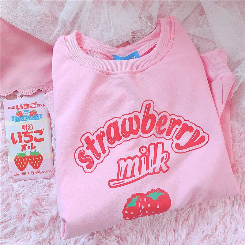 S-3XL Harajuku Kawaii Sweatshirt Strawberry Pink Sweatshirts Spring Kpop Korean Style Fleece Women Cute Top Outwear for Girls Kafinashop