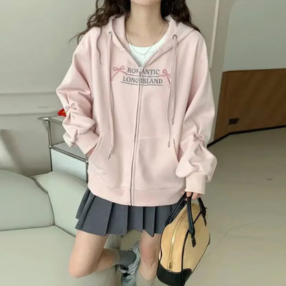 Korean Girl Sleeve Bow Design Sense Spring Loose Hooded Zipper Cardigan Sweater Lantern Sleeve Coat Embroidered Pink Bow Coat. Kafinashop