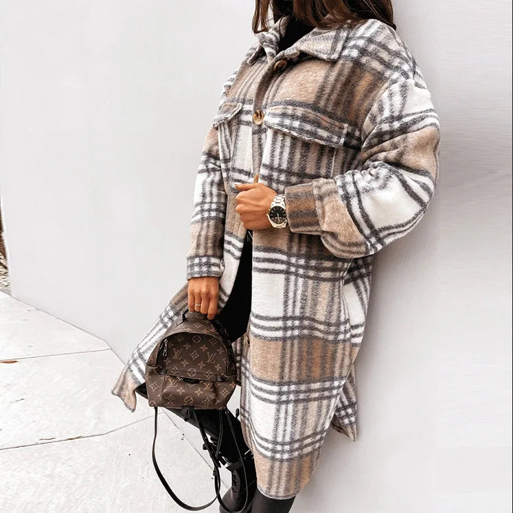 2024 Autumn Winter Women's Clothing Long Sleeve Single Breasted Trench Coat Fashion Long Woolen Plaid Overcoat Coat Kafinashop