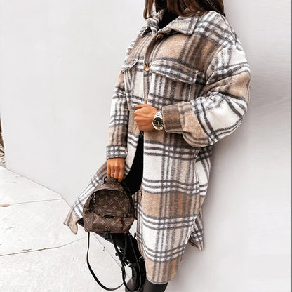 2024 Autumn Winter Women's Clothing Long Sleeve Single Breasted Trench Coat Fashion Long Woolen Plaid Overcoat Coat Kafinashop