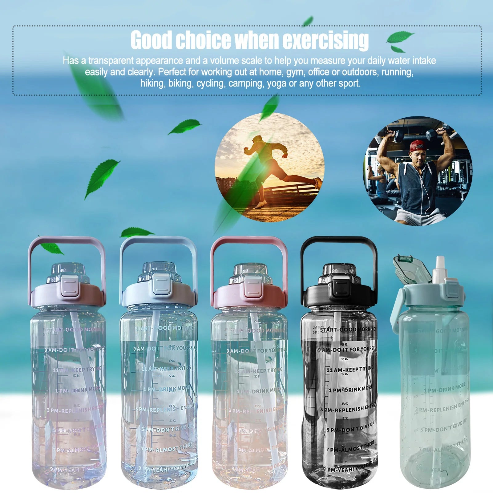 2L Large Capacity Water Bottles Portable Sports Water Bottle With Straw Fitness Bike Cup Summer With Time Marker Kafinashop