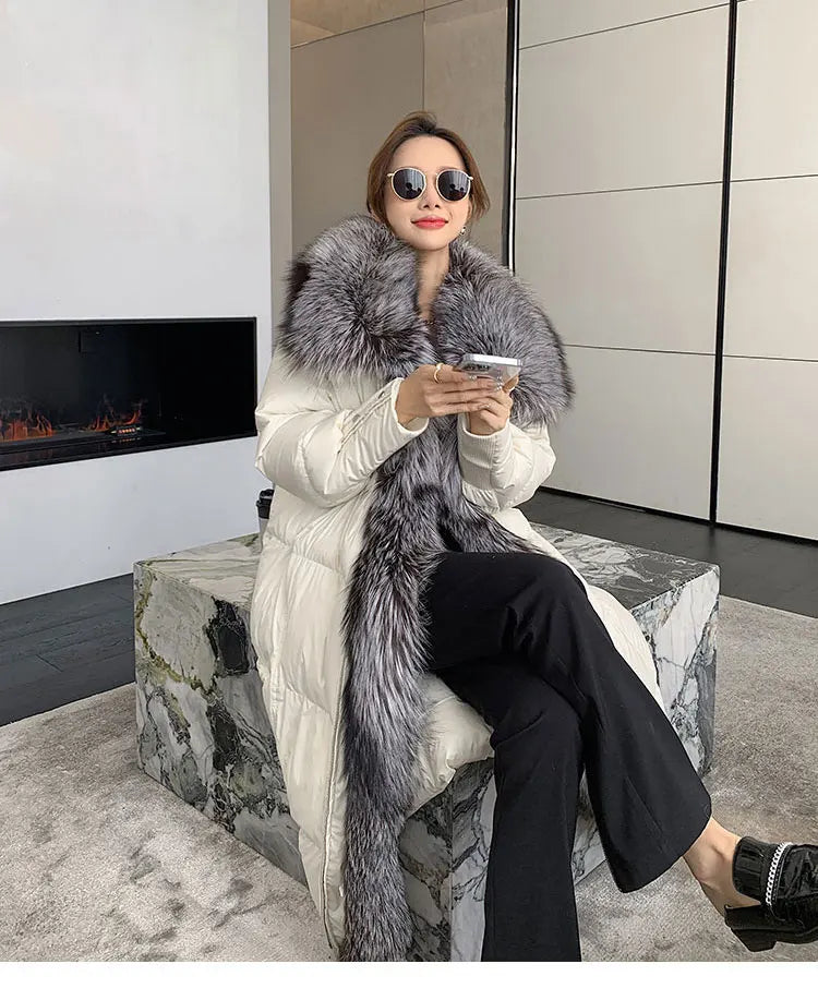 2024 New Winter Women Warm Coat 90% Goose Down Jacket Long Real Fox Fur Collar Thick Luxury Outerwear Female Coat Streetwear Kafinashop