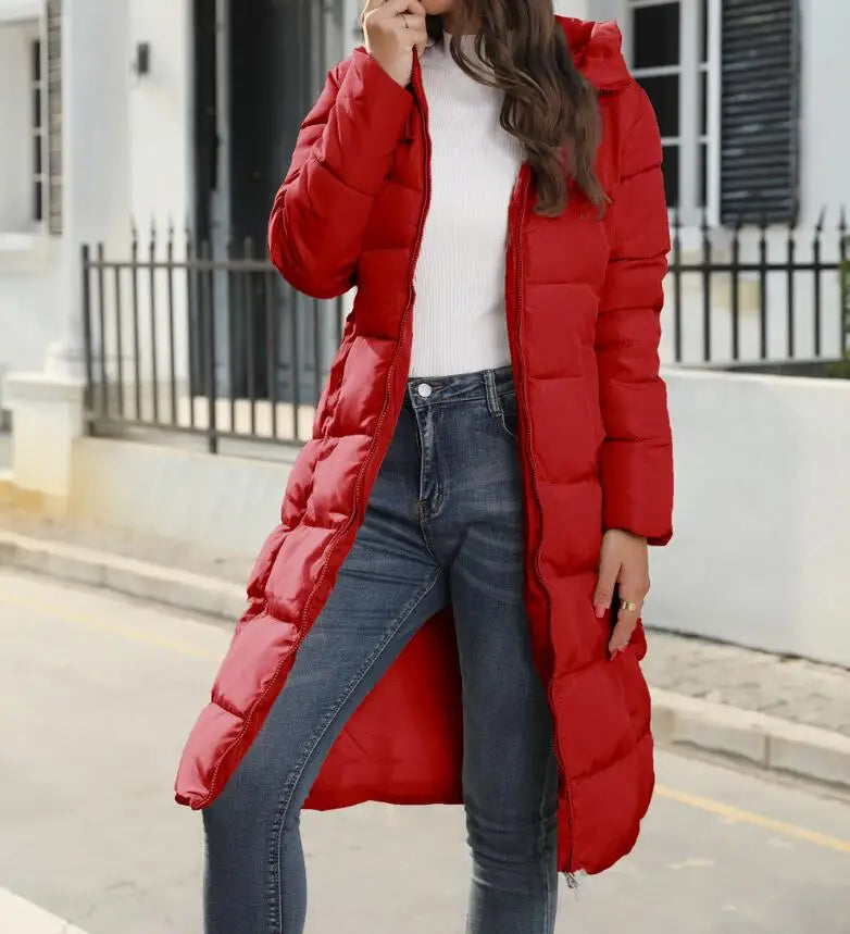 Winter New Hooded Mid Length Slim Fit Warm Long Sleeve Solid Color Down Jacket For Women,3 Colors Kafinashop