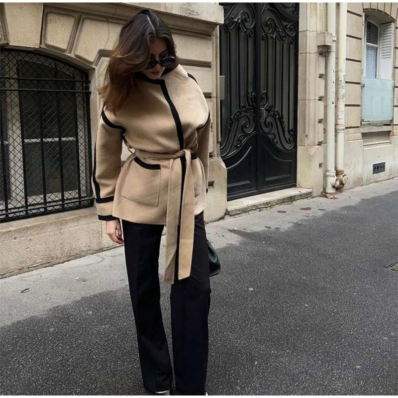 Striped Women's Woolen Coat Contrast Color Belts Long Sleeve Pocket Casual 2024 Autumn Office Coats Chic Street Jacket Outerwear Kafinashop