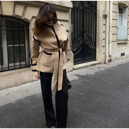 Striped Women's Woolen Coat Contrast Color Belts Long Sleeve Pocket Casual 2024 Autumn Office Coats Chic Street Jacket Outerwear Kafinashop