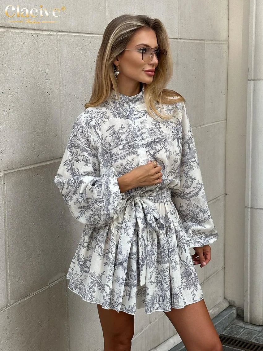 Clacive Casaul Loose Print Women'S Dress 2023 Fashion Stand Collar Puff Sleeve Mini Dresses Elegant Lace-Up Pleated Female Dress Kafinashop