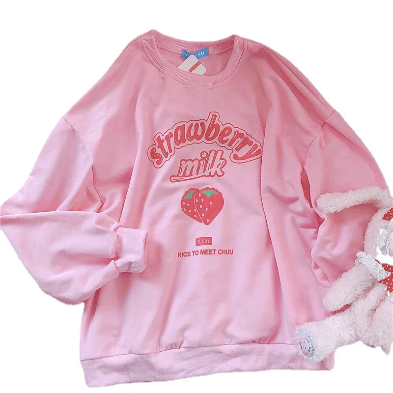 S-3XL Harajuku Kawaii Sweatshirt Strawberry Pink Sweatshirts Spring Kpop Korean Style Fleece Women Cute Top Outwear for Girls Kafinashop