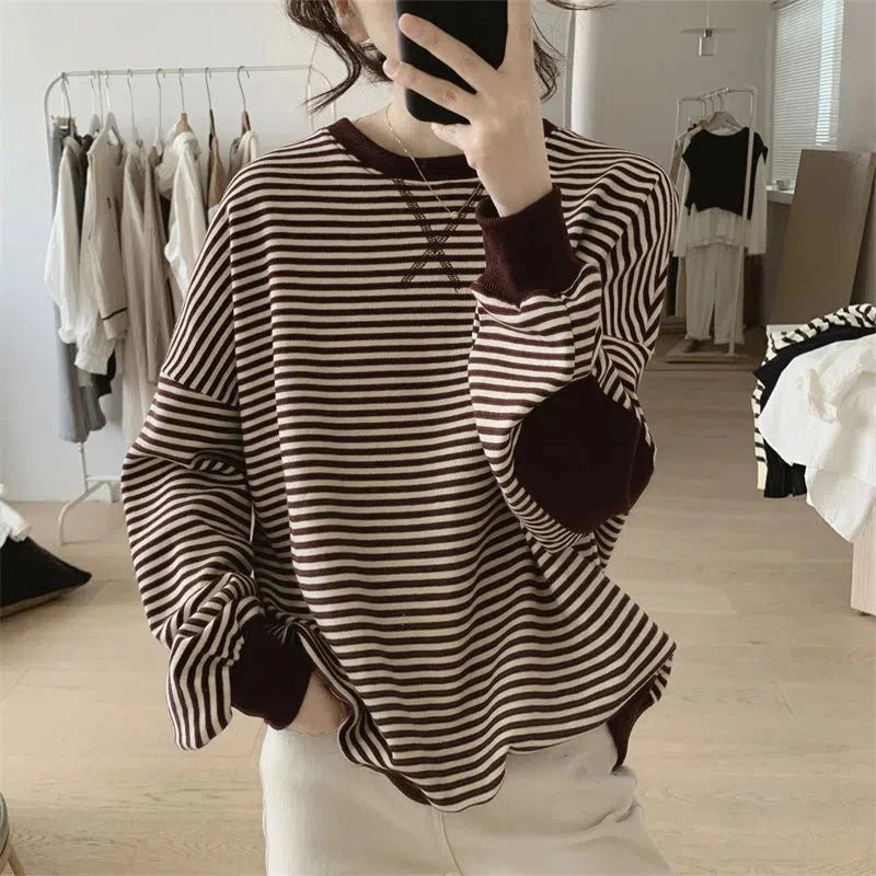 Spring Autumn New Round Neck Striped Simple Sweatshirt Ladies Long Sleeve Loose Casual Fashion Top Women Pullover Female Clothes Kafinashop