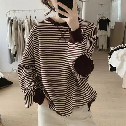 Spring Autumn New Round Neck Striped Simple Sweatshirt Ladies Long Sleeve Loose Casual Fashion Top Women Pullover Female Clothes Kafinashop