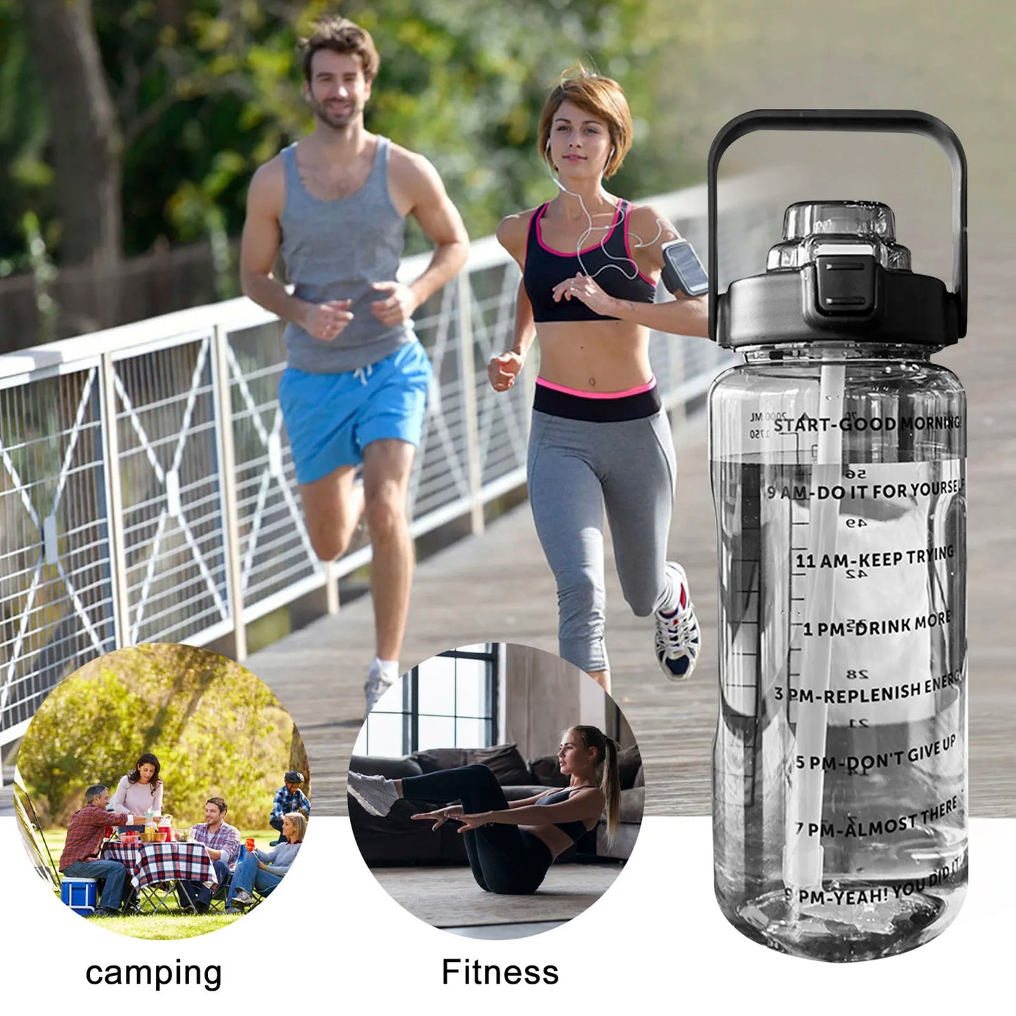 2L Large Capacity Water Bottles Portable Sports Water Bottle With Straw Fitness Bike Cup Summer With Time Marker Kafinashop