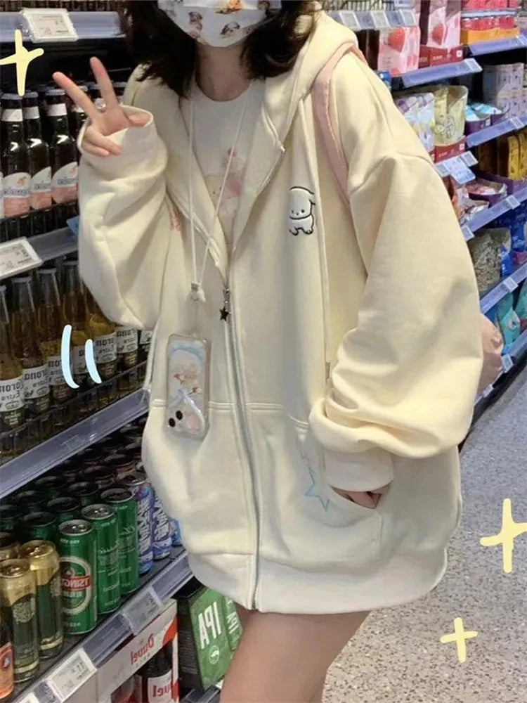 QWEEK Harajuku Kawaii Pink Zip Up Hoodie Women Japanese Style Cute Cartoon Beige Hooded Jacket Oversize Korean Girly Sweatshirts Kafinashop