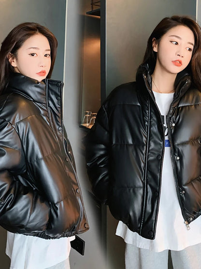 Winter Warm Thick PU Leather Coats Women Short Parkas Fashion Black Cotton Padded Lady Down Jacket Elegant Zipper Clothes 2024 Kafinashop