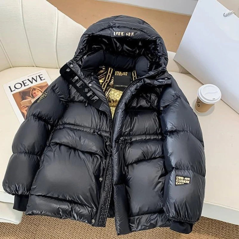 Winter Warm Women's Jackets Women's Down Jacket Waisted Hooded Warm Design 2024 New High-end Black Gold Glossy Down Jacket Kafinashop