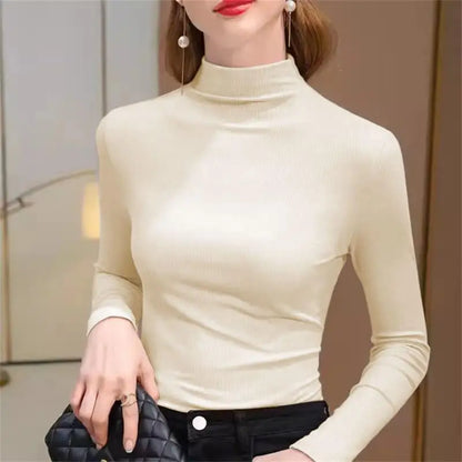 Women's Elastic Half High Collar T-Shirt Solid Ribbed Tops Long Sleeve Tight Bottom Basic Shirt Casual Clothing Autumn Kafinashop