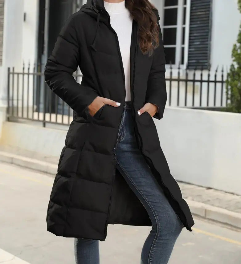 Winter New Hooded Mid Length Slim Fit Warm Long Sleeve Solid Color Down Jacket For Women,3 Colors Kafinashop