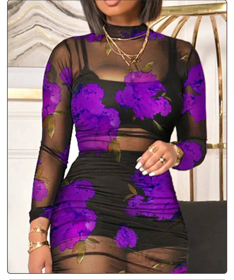 Fashion Flowers Printed Women's Sexy Mesh Gauze Mid Length Dress Three Piece Summer New Female Party Nightclub Mini Dresses 2023 Kafinashop