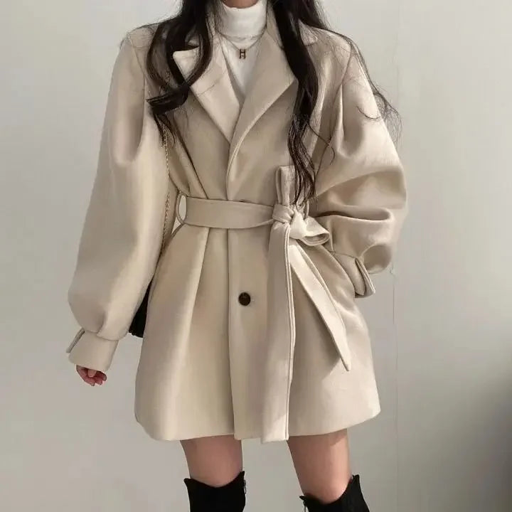 Medium-length Women's Woolen Jacket Loose-fit Autumn/winter Suit Collar Petite Size Kafinashop