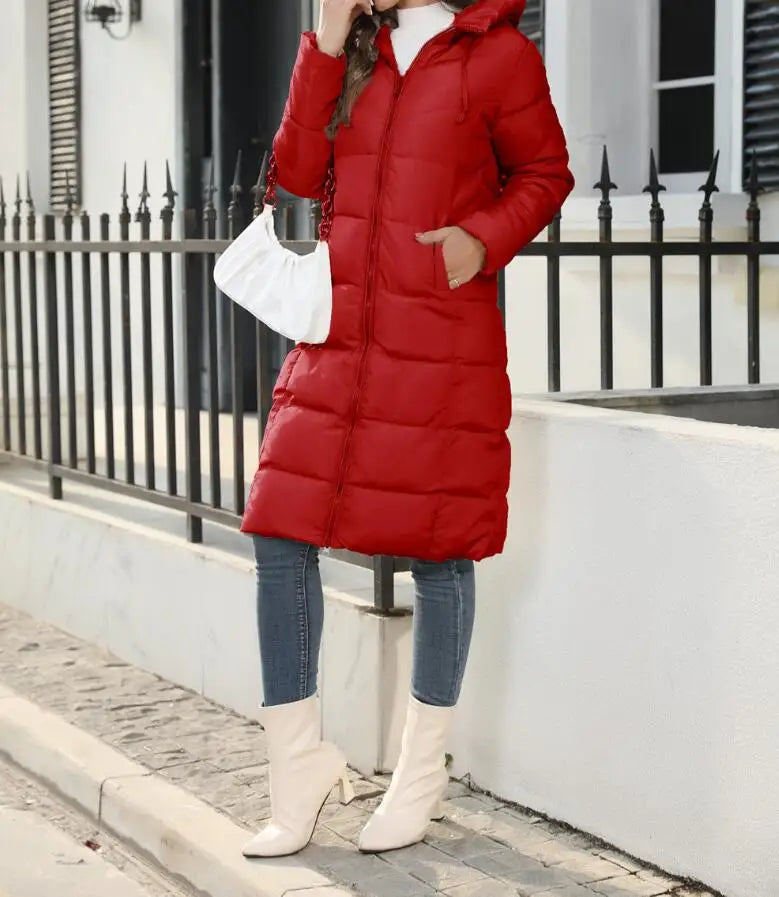 Winter New Hooded Mid Length Slim Fit Warm Long Sleeve Solid Color Down Jacket For Women,3 Colors Kafinashop