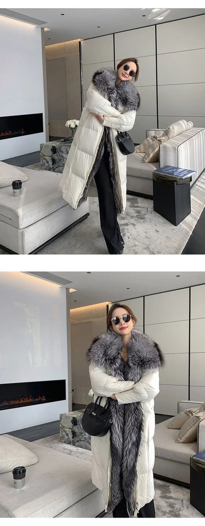 2024 New Winter Women Warm Coat 90% Goose Down Jacket Long Real Fox Fur Collar Thick Luxury Outerwear Female Coat Streetwear Kafinashop