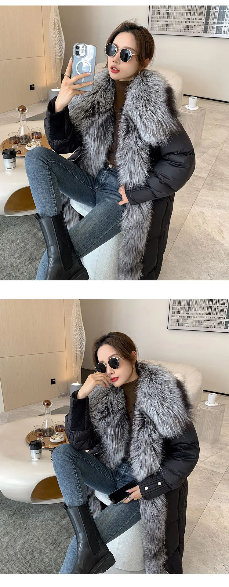 2024 New Winter Women Warm Coat 90% Goose Down Jacket Long Real Fox Fur Collar Thick Luxury Outerwear Female Coat Streetwear Kafinashop