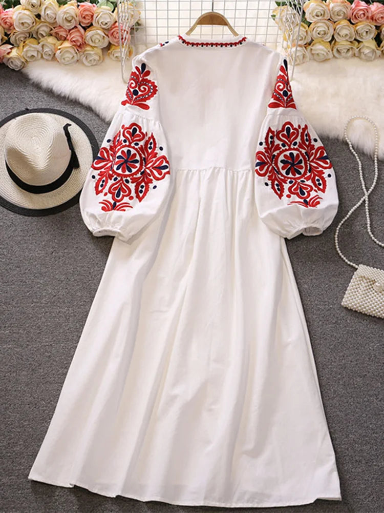 EWQ Sweet Style Y2K Women Nice Foreve Dress Embroidery O-neck Bandage Long-sleeve White Dresses Womens Spring Summer 2023 New Kafinashop