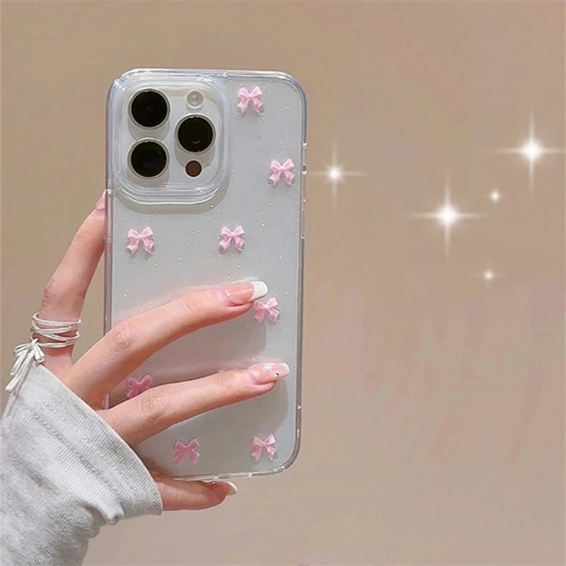 Cute Pink Bowknot Phone Case For iPhone 15 14 13 12 11 Pro Max X XS Max MiNi 7 8 Plus Korea Girl Soft Cover Epoxy Glitter Shell Kafinashop