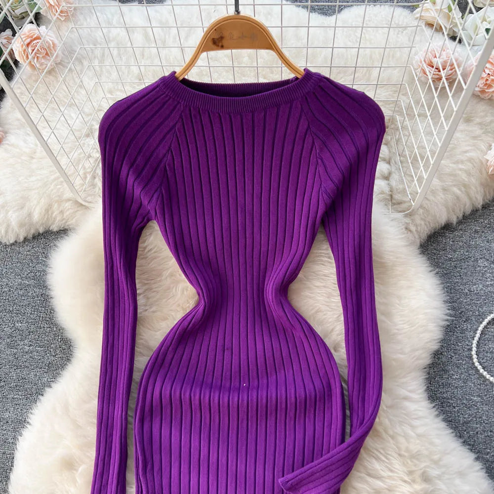 SINGREINY Winter Women Knit Maxi Dress O Neck Autumn Long Sleeve Slim Solid Harajuku Ladies Fashion Pencil Sweater Long Dresses Kafinashop