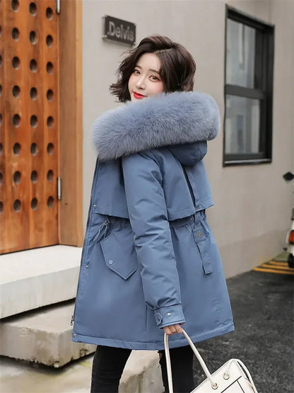 Winter Coat Low Price On Sale Women Beige Add Wool Thick Warmth Fur Hooded Parkas Jacket 2023 New Fashion Belt Slim Cotton Coat Kafinashop