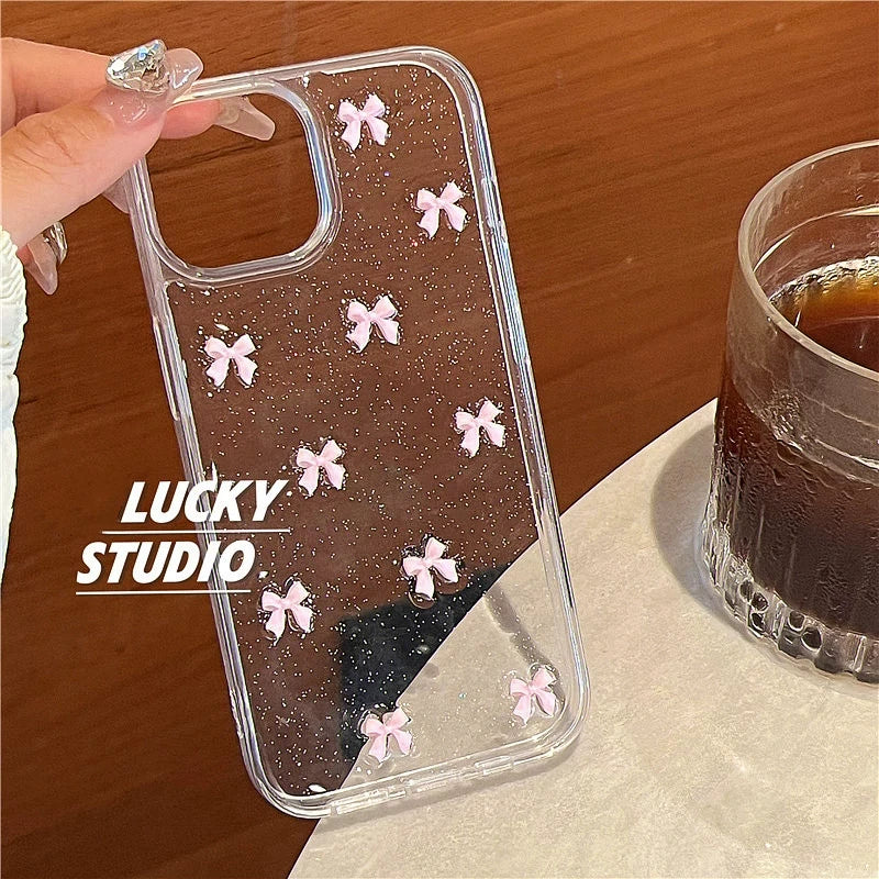 Cute Pink Bowknot Phone Case For iPhone 15 14 13 12 11 Pro Max X XS Max MiNi 7 8 Plus Korea Girl Soft Cover Epoxy Glitter Shell Kafinashop