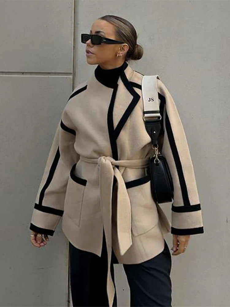 Striped Women's Woolen Coat Contrast Color Belts Long Sleeve Pocket Casual 2024 Autumn Office Coats Chic Street Jacket Outerwear Kafinashop