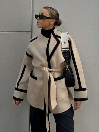 Striped Women's Woolen Coat Contrast Color Belts Long Sleeve Pocket Casual 2024 Autumn Office Coats Chic Street Jacket Outerwear Kafinashop